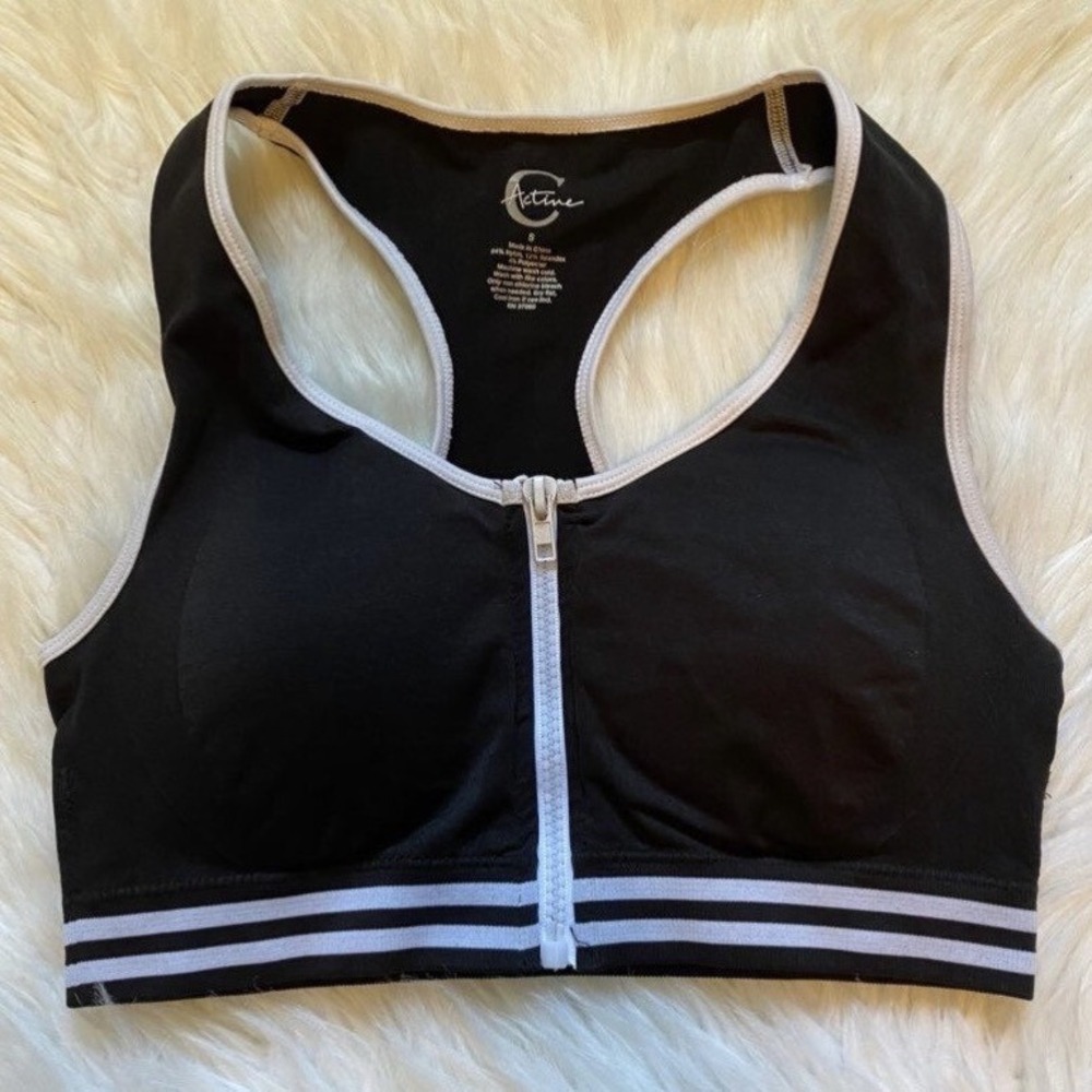 C Active Sports Racerback Bra Womens Size Small Black Wireless Zip Front Closure